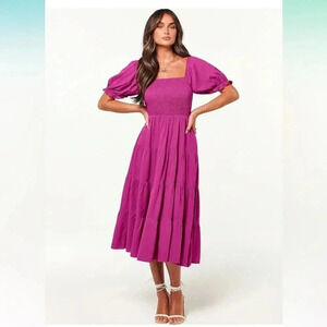 Midi |  Puff Sleeve Square Neck Smocked Tiered Boho Dress | Sz XL